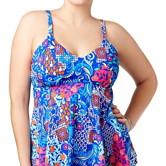 Swim Solutions Floral-Print Draped Tankini Top - Picture 2 of 7